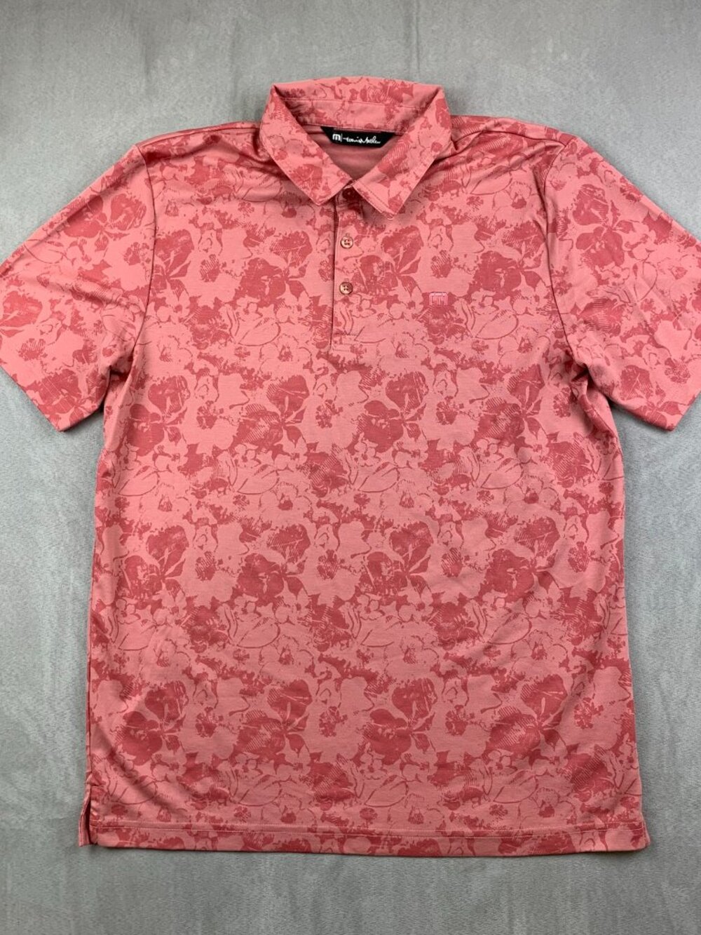 Travis Mathew Mens Shirt Large Pink Floral Polo Short-Sleeve Golf Stretch Flower